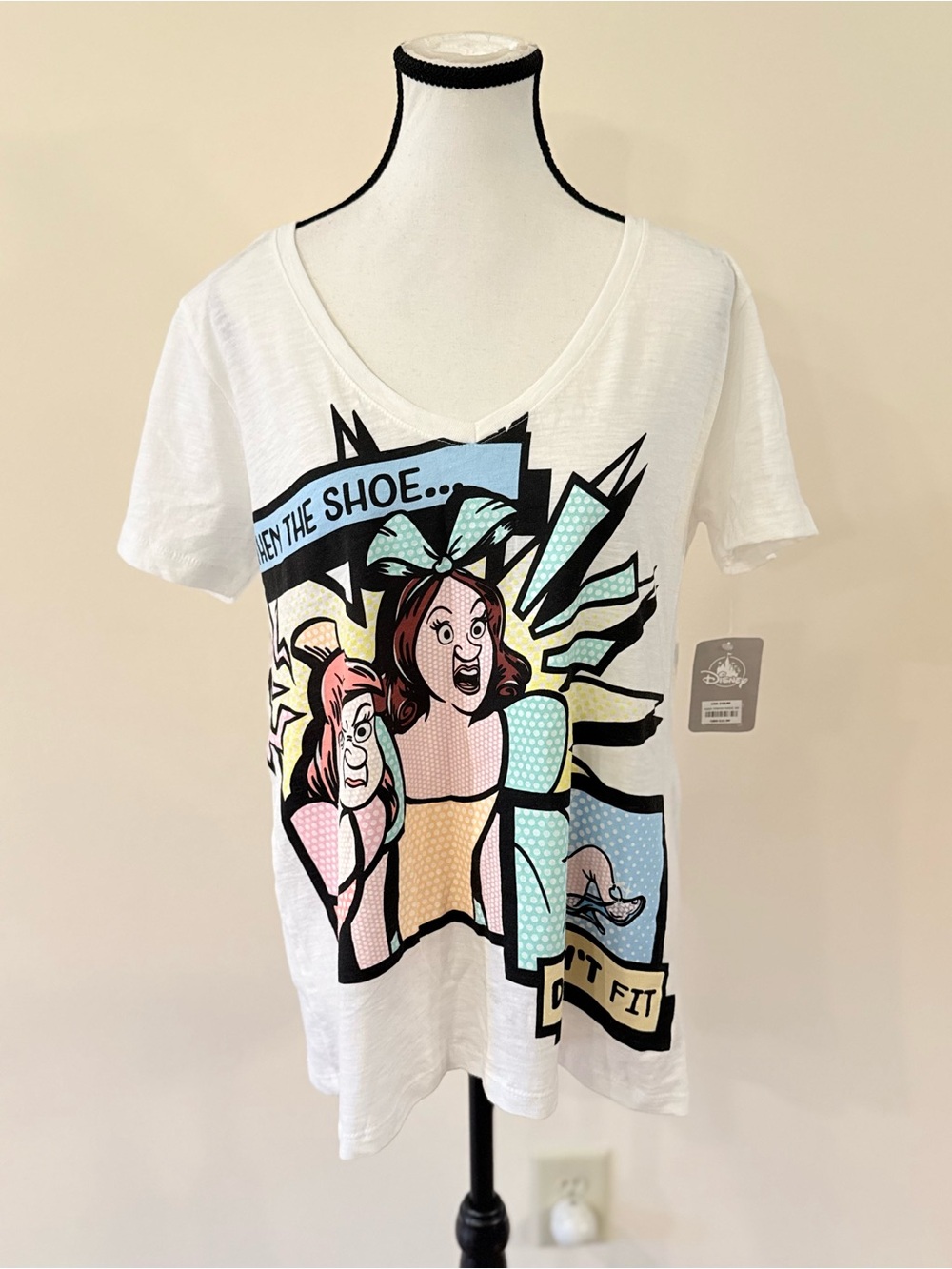Disney Cinderella step sisters Graphic Pop Art White V-Neck Women’s Tee size Med